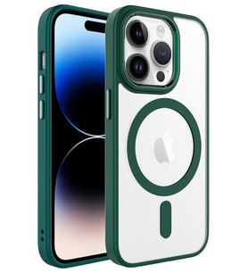 Apple iPhone 14 Pro Max Kılıf Renkli Kenar Şeffaf Kamera Çevresi Metal Magsafe TPU Silikon (Koyu Yeşil)