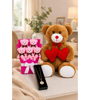 Romantik Hediye Seti 80 cm Peluş Ayıcık, Mini Peluş Buket ve Zarif Kolye Kombini (Kahve Bobo-Pembe Buket)