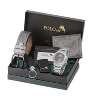 Polo Air Erkek Kemer Cüzdan Kartlık Anahtarlık Çakmak Kol Saati Hediyelik Kutusunda Set PL-0960E (Gri)