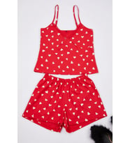 Tarz Rahat Kolsuz Kol Boru Paça Uçuk %100 Pamuklu Kalpli Dantel Detaylı İp Örme Pijama Takımı (Kırmızı)