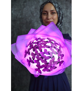 Led Işıklı Mor Kelebek Buketi Sevgiliye Hediye Mor Çiçek Buketi (Mor)