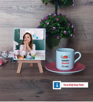 İspanyolca Öğretmeni Fotoğraflı Dekoratif Taş, Ahşap Altlıklı Türk Kahvesi Fincanı HediyeÖğretmenler Günü Hediyesi (Model 6)