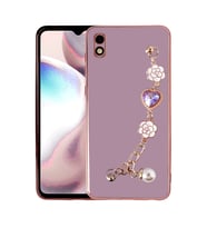 Xiaomi Redmi 9A Kılıf El Askılı Tutamaçlı Kamera Korumalı Renkli Gold Kenar Silikon Kapak (Mor)
