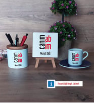 Abiye Hediye Hediye Seti Dekoratif Taş, Kalemlik, Ahşap Altlıklı Türk Kahvesi Fincanı Hediye (Model 4)