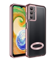 Samsung Galaxy A04S Kılıf Case, Logo Showing Serisi, Şeffaf, Kamera Korumalı, Logo Gösteren Renkli Çizgi Tasarım (Rose)