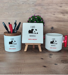 Sevimli Panda Hediye Sepeti Kupa Bardak T Kulplu, Kalemlik ve Dekoratif Taş Arkadaşa Hediye (Model 1)