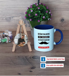 Erkek Öğretmene Hediye Kupa Bardak Beyaz ve Fotoğraflı Ahşap Anahtarlık Hediye (Model 3)