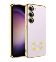 Samsung Galaxy S23 Kılıf Logo Yeri Açık Kamera Lens Korumalı Renkli Kenarlı Şeffaf Silikon (Gold)