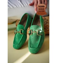 Muggo MONA Garantili Metal Tokalı Deri Kadın Loafer Günlük Ayakkabı (Yeşil)