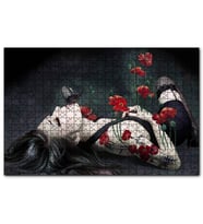 Cakapuzzle Kırmızı Güller Genç Kadın ve Siyah Kelebek  Puzzle Yapboz MDF (Ahşap) (255 Parça)