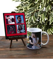 Kişiye Özel 4 Fotoğraflı Ahşap Çerçeveli Şövale ve Fotoğraflı Kupa Bardak (Kırmızı)
