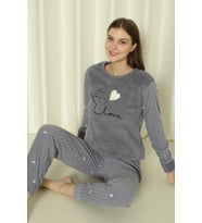 Fawn 04-3309 Peluş Welsoft Polar Kışlık Yumoş Kalpli Kedili Kadın Pijama Takımı (Gri)