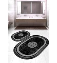 Dijital Baskılı Kaymaz Taban Yıkanabilir Oval 2'li Klozet Takımı Banyo Paspası NOKZ-SD-1081 (Siyah)