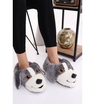 Hayvanlı H10 Köpekli Kışlık Kadın Erkek Çocuk Panduf Ev Içi Sessiz Taban Panduf (Gri)