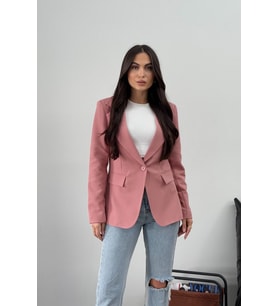 Kadın Blazer Ceket Kısa Düğmeli Astarlı Vatkalı Ceket (Pudra)