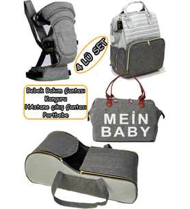 Çift Yönlü Bebek Taşıma Kanguru + Portbebe Ana Kucağı + Bebek Bakım Çantası + Hastane çıkış Çantası (Açık Gri)