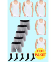 Tezzgelsin Ekonomik Paket Atlet Boxer Ve Çorap Takımı 5 Atlet 5 Boxer 5 Çift Çorap (Beyaz-Gri)