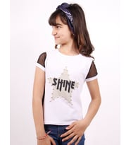 Toontoy Kız Çocuk Shine Yıldız Baskılı Kol Kısmı Fileli Tişört (Beyaz)