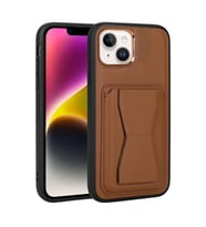 Apple iPhone 14 Kılıf Kartlıklı Standlı ?Suni Deri Memo Kılıf (Kahverengi)