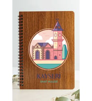 Kayseri Saat Kulesi Şehir Tasarım Ahşap Kapaklı Defter Kraft Kağıt Özel Tasarım (Ceviz Rengi)