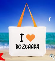 BK Gift I Love Bozcaada Renkli Kulp Kanvas Plaj Çantası 48x40m, Baskılı Omuz Çantası, Alışveriş Çantası (Turuncu)