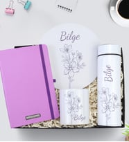 Kişiye Özel 500 ML Tasarım Beyaz Termos & Mousepad & Defter & Kalemlik Hediye Seti (Mor)