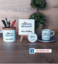 Matematik Öğretmeni Hediye Seti Dekoratif Taş, Kalemlik, Ahşap Altlıklı Türk Kahvesi Fincanı, Ahşap Anahtarlık Hediye Matematik Öğretmenine Hediye (Model 4)