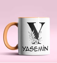Kişiye Özel Y Harfi Romantik Tasarım Siyah Renk Kupa (Turuncu)