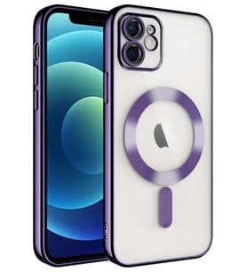 iPhone 11 Kılıf Magsafe Köşeleri Renkli Lüx Şeffaf Kamera Lens Korumalı (Mor)