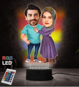 Doğum Günü Hediyesi,Sevgiliye Hediye, Kişiye Özel Fotoğraflı Tesettür Çift Karikatür 3D Led Lamba (RGB)