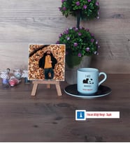 Sevimli Panda Fotoğraflı Dekoratif Taş, Ahşap Altlıklı Türk Kahvesi Fincanı Hediye (Model 7)