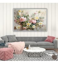 Metal Çerçeveli Yatay Cam Tablo Soft Pembe ve Sarı Beyaz Çiçek (Gümüş)