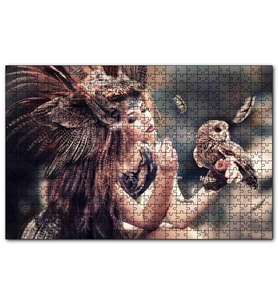 Cakapuzzle Baykuş ve Kuş Kostümlü Kadın  Puzzle Yapboz MDF (Ahşap) (500 Parça)