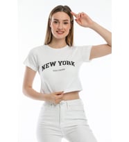 Süperlife Kadın Newyork Baskılı  Slim Fit  Tişort  SPR21Y15 (Beyaz)