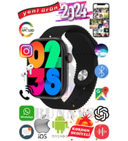 APPLE İPHONE 15 PRO Uyumlu Akıllı Saat Watch 9 Max+2024 45mm Kordon Hediyeli Amoled Ekran (Siyah-Siyah)