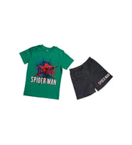 unisex Spiderman baskılı pamuklu kumaş kısa kollu şortlu ikili çocuk takımı (Yeşil)