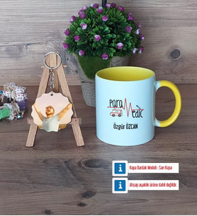 Paramedik Kupa Bardak Beyaz ve Fotoğraflı Ahşap Anahtarlık Hediye (Model 7)