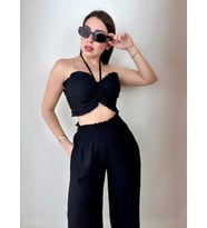Kadın Keten Kumaş Gipeli Crop ve Pantolon İkili Takım (Renkli) (Siyah)