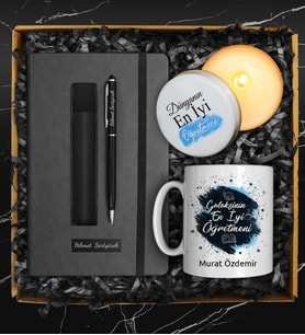 Öğretmenler Gününe Özel Tasarım Kupa & Kişiye Özel Defter & Deri Kılıflı Touch Pen Kalem & Özel Tasarım Mum Hediye Seti (Mavi)