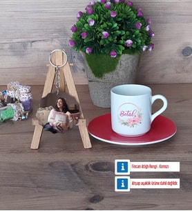 İsme Özel İsim Yazılı Türk Kahvesi Fincanı Ahşap Altlıklı ve Fotoğraflı Ahşap Anahtarlık Hediye (Model 3)