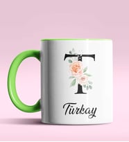 Kişiye Özel T Harfi Temalı Gül Tasarım Siyah Renk Kupa (Yeşil)