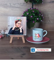 Unicorn Fotoğraflı Dekoratif Taş, Ahşap Altlıklı Türk Kahvesi Fincanı Hediye (Model 6)