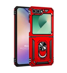 Microsonic Samsung Galaxy Z Flip 6 Kılıf Military Ring Holder Lacivert (Kırmızı)