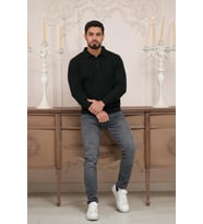 Woolen World Polo Yaka Düz Renk Yünlü Erkek Triko Kazak (Siyah)