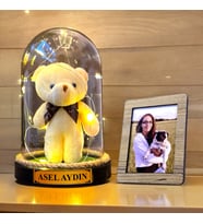 Kişiye Özel Fotoğraflı ve İsimli Hediye Seti, Renkli Peluş ve Led Işıklı Fanus HA3 (Beyaz)