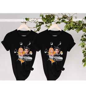 BK Gift Kişiye Özel Sevgililer Karikatürlü İkili Siyah T-shirt Seti, Sevgililer Hediye, Çift Hediyesi, Yıl Dönümü Hediyesi, Kişiye Özel Tişört (Model 6)