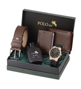 Polo Air Erkek Kol Saati Parfüm Cüzdan Kemer Kartlık Kombin Set PL-0918E (Siyah-Bakır)
