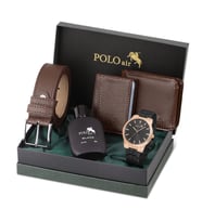 Polo Air Erkek Kol Saati Parfüm Cüzdan Kemer Kartlık Kombin Set PL-0918E (Siyah-Bakır)