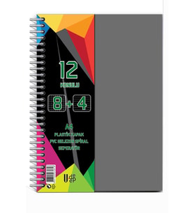 8+4 Ayraçlı Defter 12 Konulu 300 Yaprak 1 Adet 8 Kareli 4 Çizgili Spralli Plastik Kapak Seperatörlü (Gri)