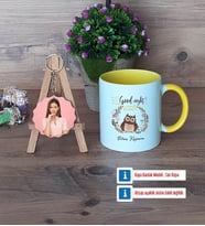 Baykuş Kupa Bardak Beyaz ve Fotoğraflı Ahşap Anahtarlık Hediye (Model 7)